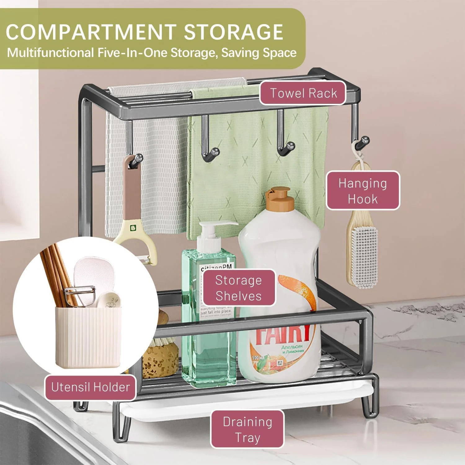 جا اسکاچی سینک با جا قاشقی، سینی چکه گیر جداشدنی و قفسه دستمال ظرف، سازمان دهنده لوازم ضروری تمیز کردن سینک آشپزخانه