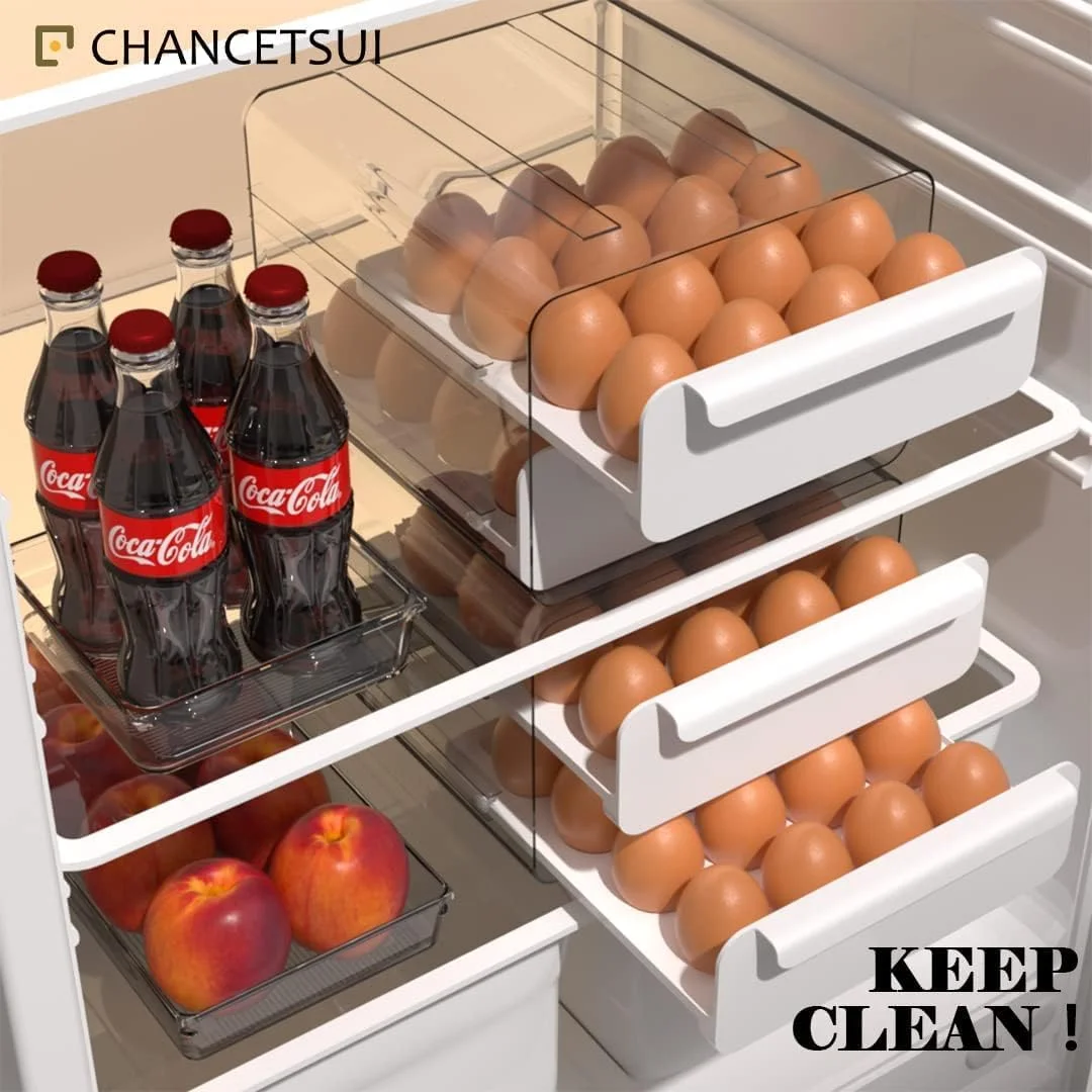 جا تخم مرغی یخچال، سازمان دهنده و نگهدارنده بزرگ شفاف یخچال، جعبه نگهداری تخم مرغ تازه، سطل سازمان دهنده پلاستیکی نگهداری تخم مرغ، ظرف نگهداری تخم مرغ قابل انباشته برای یخچال، 2 لایه