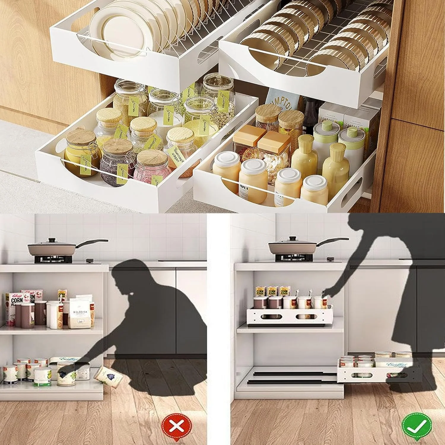 ارگانایزر ذخیره سازی آشپزخانه Rmoutf، کشوی کابینت کشویی سنگین بدون پانچ، برای قرار دادن ظروف، ادویه جات یا وسایل شل و نگه داشتن آنها به صورت مرتب یا آبکش (جای ظرف مشکی)
