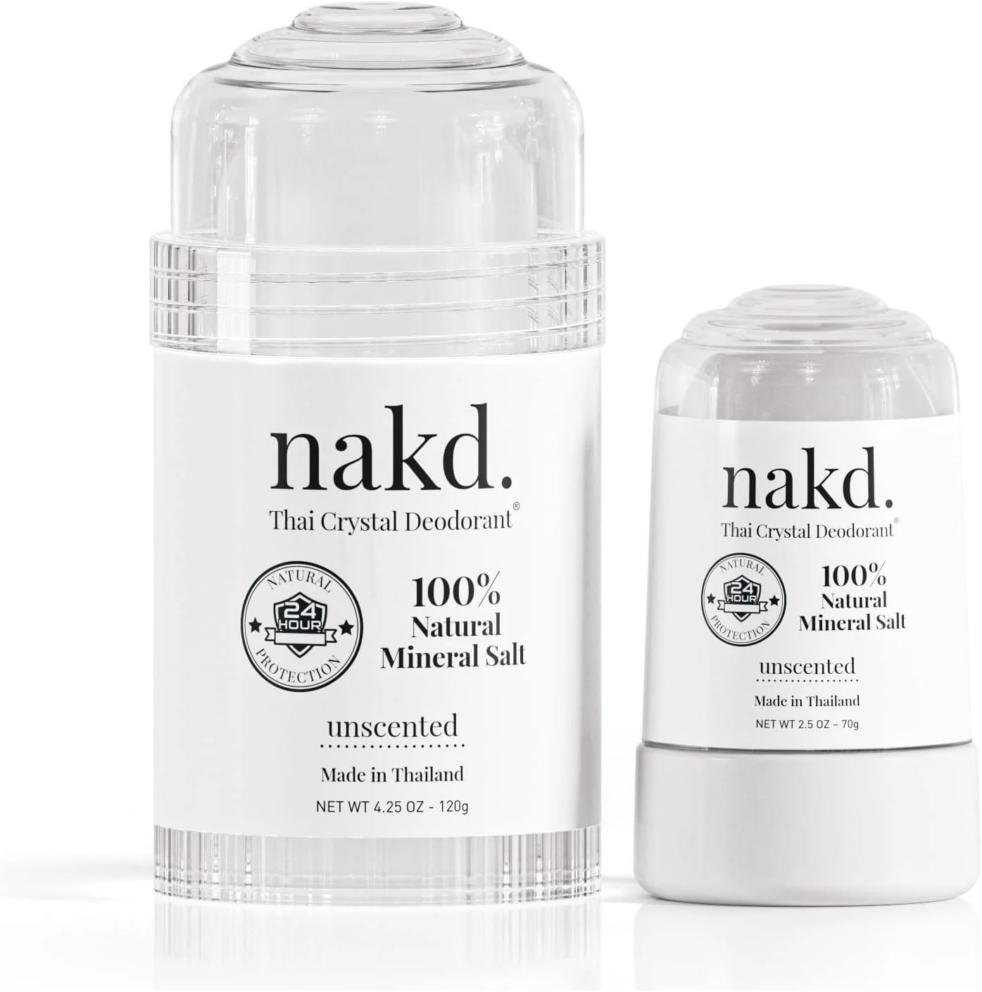 ناکد. سنگ دئودورانت کریستال تایلندی - 2 عدد استیک دئودورانت کریستال نمکی، 120 گرم سایز معمولی + 70 گرم سایز مسافرتی - کاملا طبیعی بدون بو و بدون آلومینیوم برای زنان و مردان