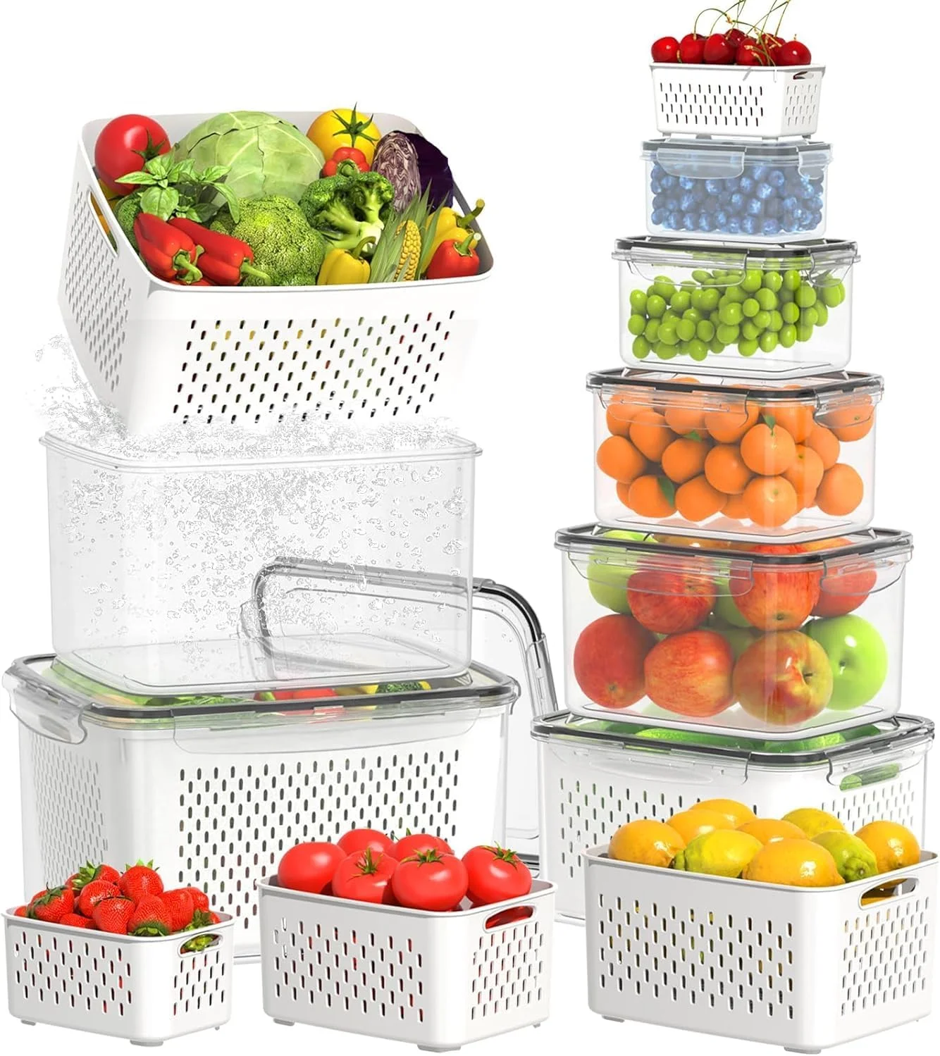 ظروف نگهدارنده مواد غذایی 12 تکه راکسوم، سازمان دهنده یخچال و ظرف تخلیه آب برای میوه ها، سبزیجات، توت ها، کاهو و سالاد | ظروف نگهداری مواد غذایی ضد نشت و هوا با درب و آبکش، فاقد BPA