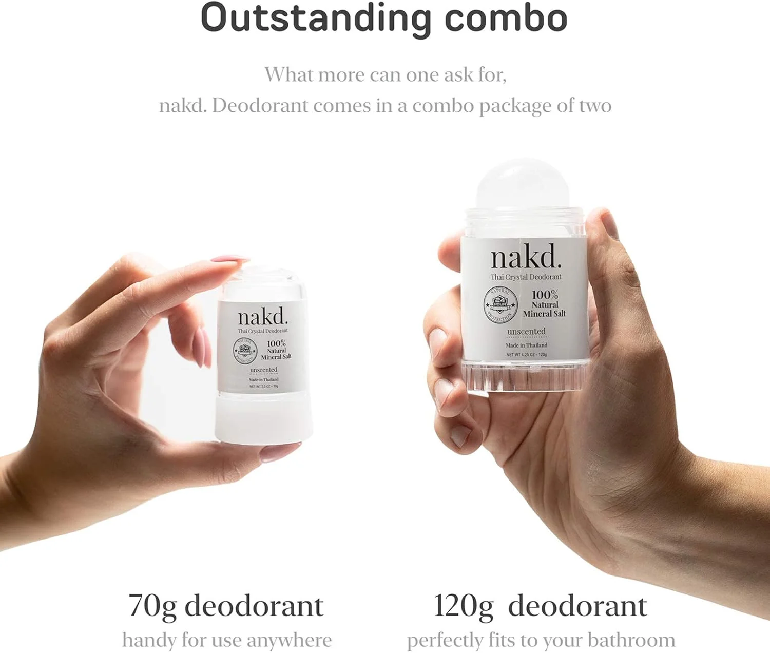 ناکد. سنگ دئودورانت کریستال تایلندی - 2 عدد استیک دئودورانت کریستال نمکی، 120 گرم سایز معمولی + 70 گرم سایز مسافرتی - کاملا طبیعی بدون بو و بدون آلومینیوم برای زنان و مردان