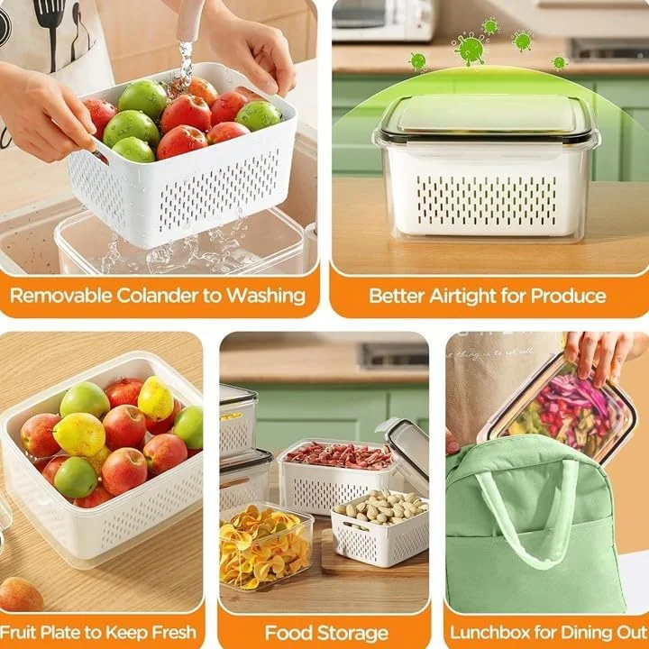 مجموعه 5 عددی نظم دهنده یخچال پلاستیکی راکسوم با آبکش | ظروف نگهداری مواد غذایی بدون BPA و ضد نشت با درب برای میوه ها، سبزیجات، انواع توت ها و سالاد