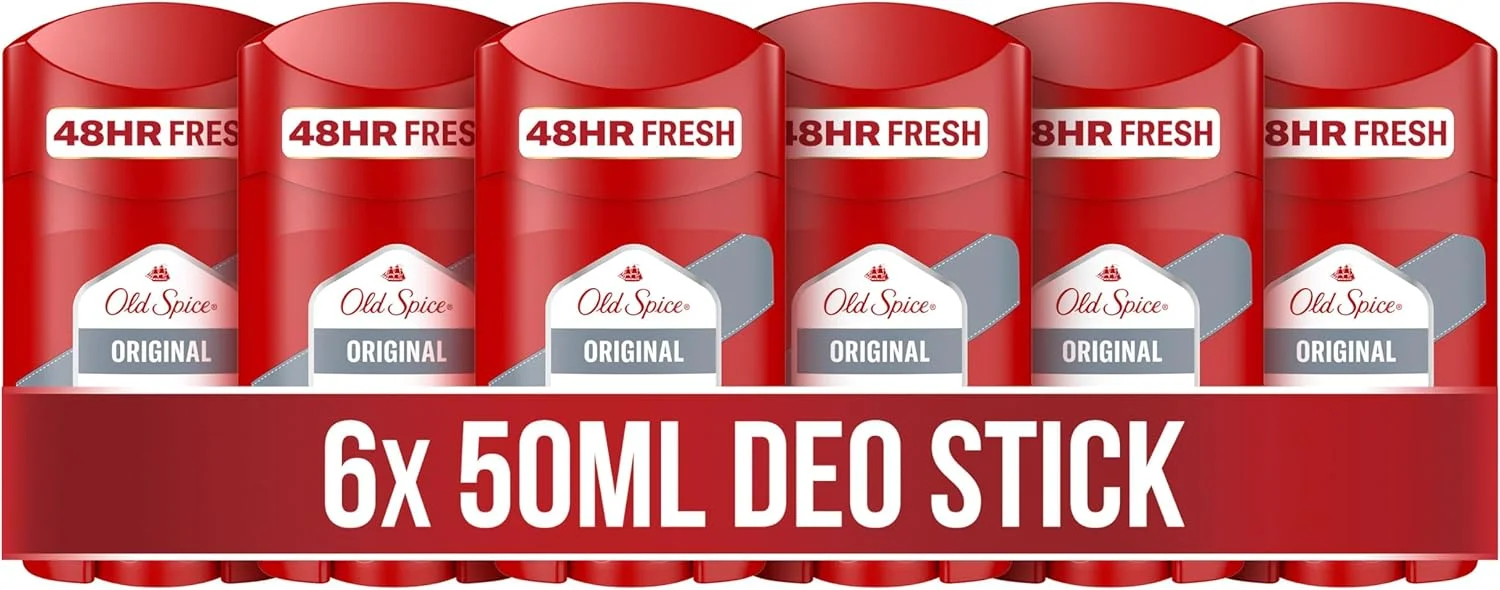 Old Spice Original Deodorant Stick for Men, 6 x 50 ml, 48H Fresh, Long-Lasting Fragrance in Perfume Quality, 0% Aluminium Salts, No Stains on Black and White, Made from 50% Recycled Plastic