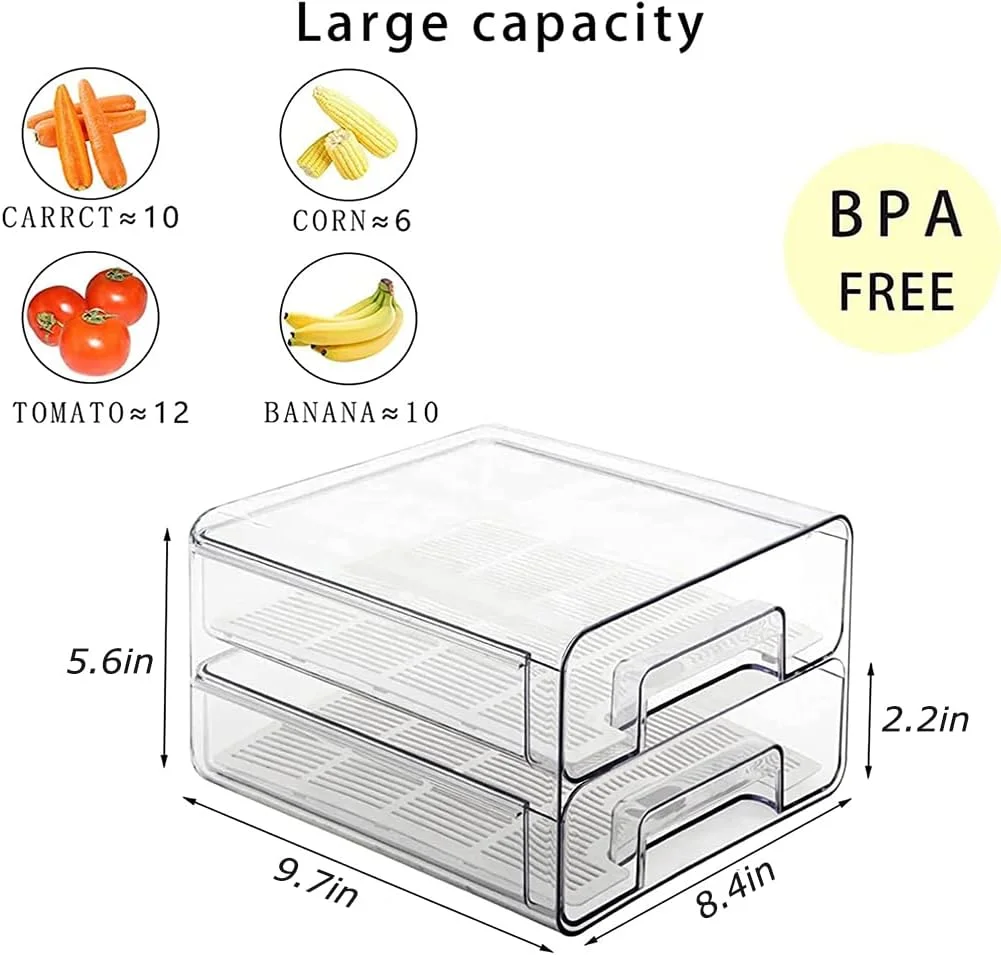 سازمان دهنده کشوهای یخچال، سطل های سازمان دهنده یخچال پلاستیکی شفاف ANTOLE، قفسه یخچال کشویی، جعبه نگهداری تخم مرغ، ظروف نگهداری مواد غذایی برای آشپزخانه، یخچال، کابینت (2 طبقه)
