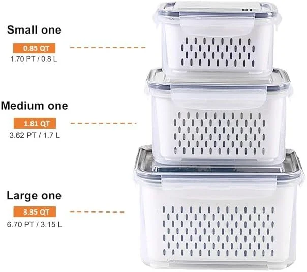 مجموعه 5 عددی نظم دهنده یخچال پلاستیکی راکسوم با آبکش | ظروف نگهداری مواد غذایی بدون BPA و ضد نشت با درب برای میوه ها، سبزیجات، انواع توت ها و سالاد