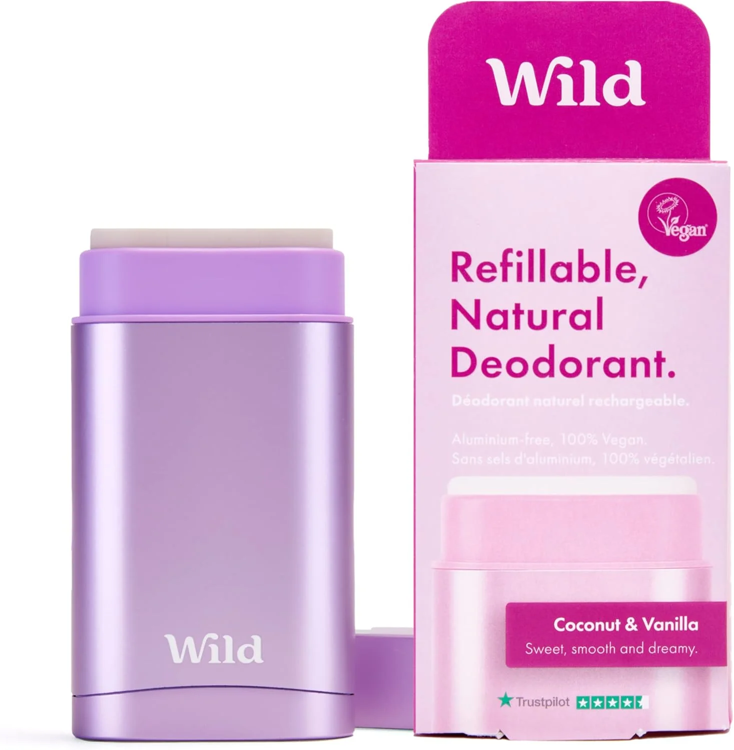 دئودورانت طبیعی قابل شارژ مجدد Wild - وگان و سازگار با محیط زیست - بدون آلومینیوم - محافظت طولانی مدت - 100% مواد طبیعی - کیت استارتر - قاب بنفش با رایحه نارگیل و وانیل - 40 گرم