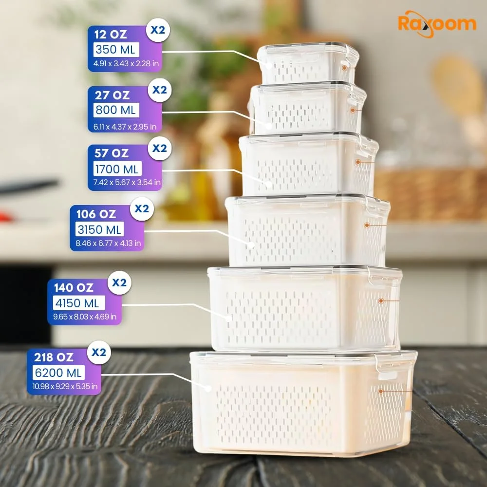 ظروف نگهدارنده مواد غذایی 12 تکه راکسوم، سازمان دهنده یخچال و ظرف تخلیه آب برای میوه ها، سبزیجات، توت ها، کاهو و سالاد | ظروف نگهداری مواد غذایی ضد نشت و هوا با درب و آبکش، فاقد BPA