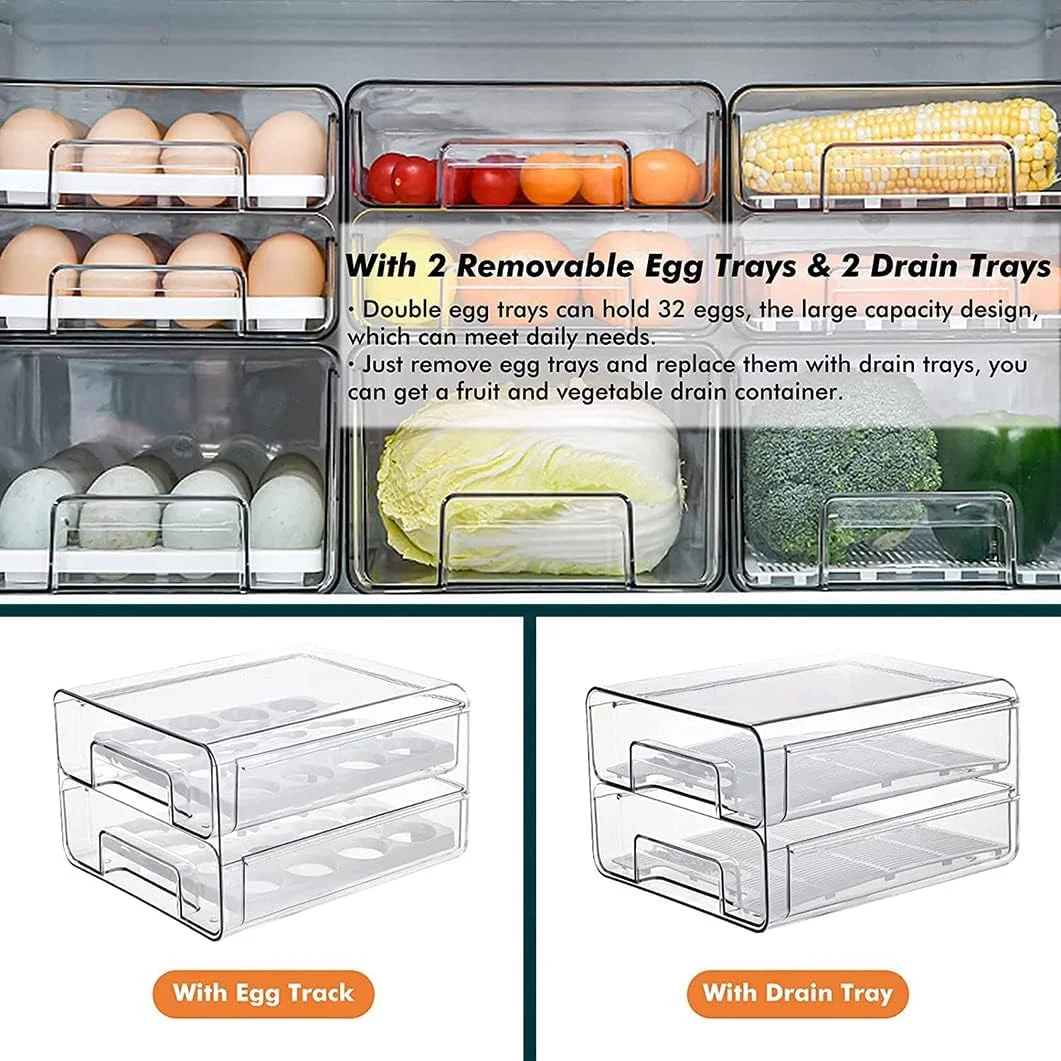 سازمان دهنده کشوهای یخچال، سطل های سازمان دهنده یخچال پلاستیکی شفاف ANTOLE، قفسه یخچال کشویی، جعبه نگهداری تخم مرغ، ظروف نگهداری مواد غذایی برای آشپزخانه، یخچال، کابینت (2 طبقه)