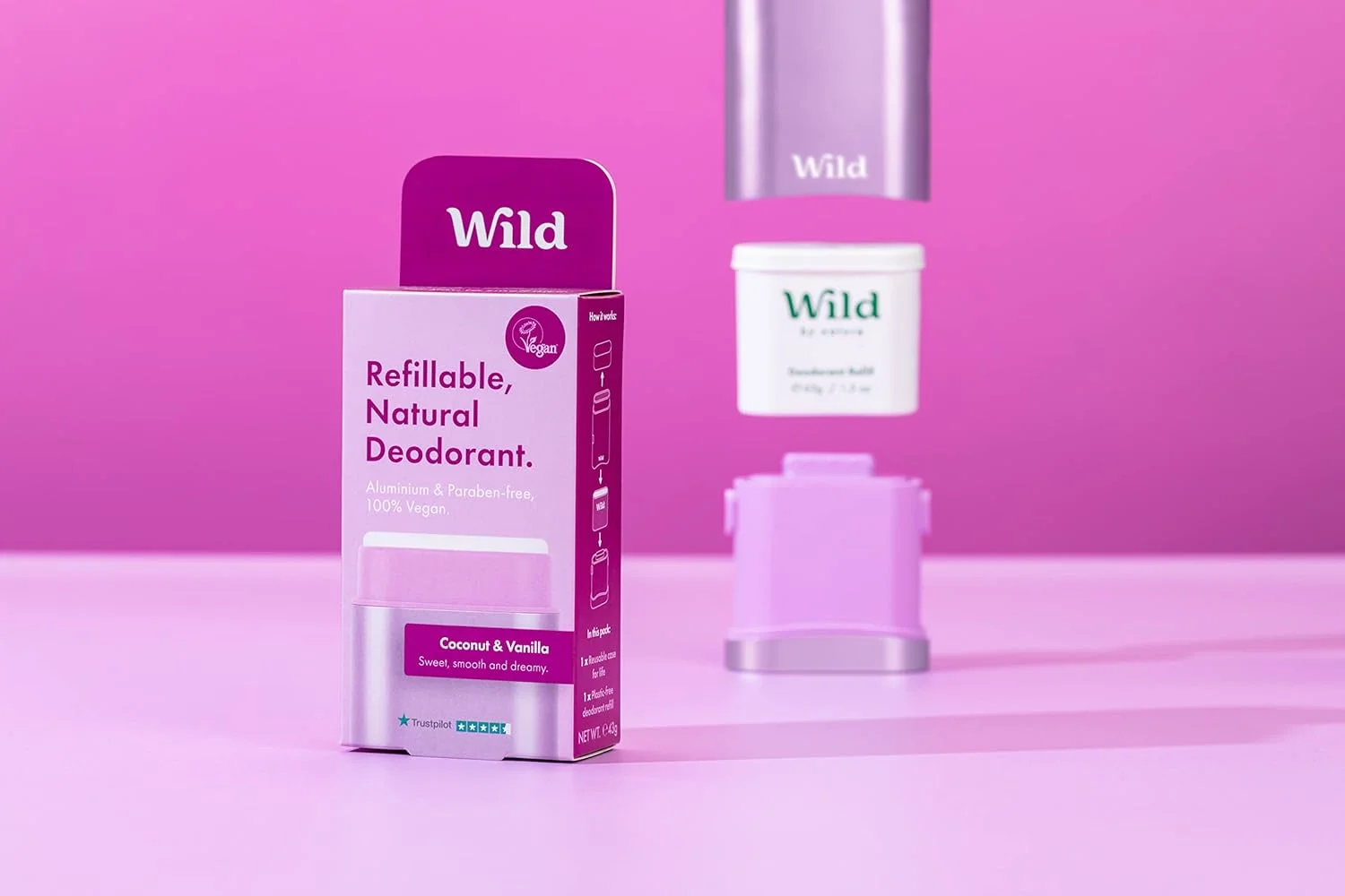 دئودورانت طبیعی قابل شارژ مجدد Wild - وگان و سازگار با محیط زیست - بدون آلومینیوم - محافظت طولانی مدت - 100% مواد طبیعی - کیت استارتر - قاب بنفش با رایحه نارگیل و وانیل - 40 گرم دئودورانت طبیعی قابل شارژ مجدد Wild - وگان و سازگار با محیط زیست - بدون آلومینیوم - محافظت طولانی مدت - 100% مواد طبیعی - کیت استارتر - قاب بنفش با رایحه نارگیل و وانیل - 40 گرم