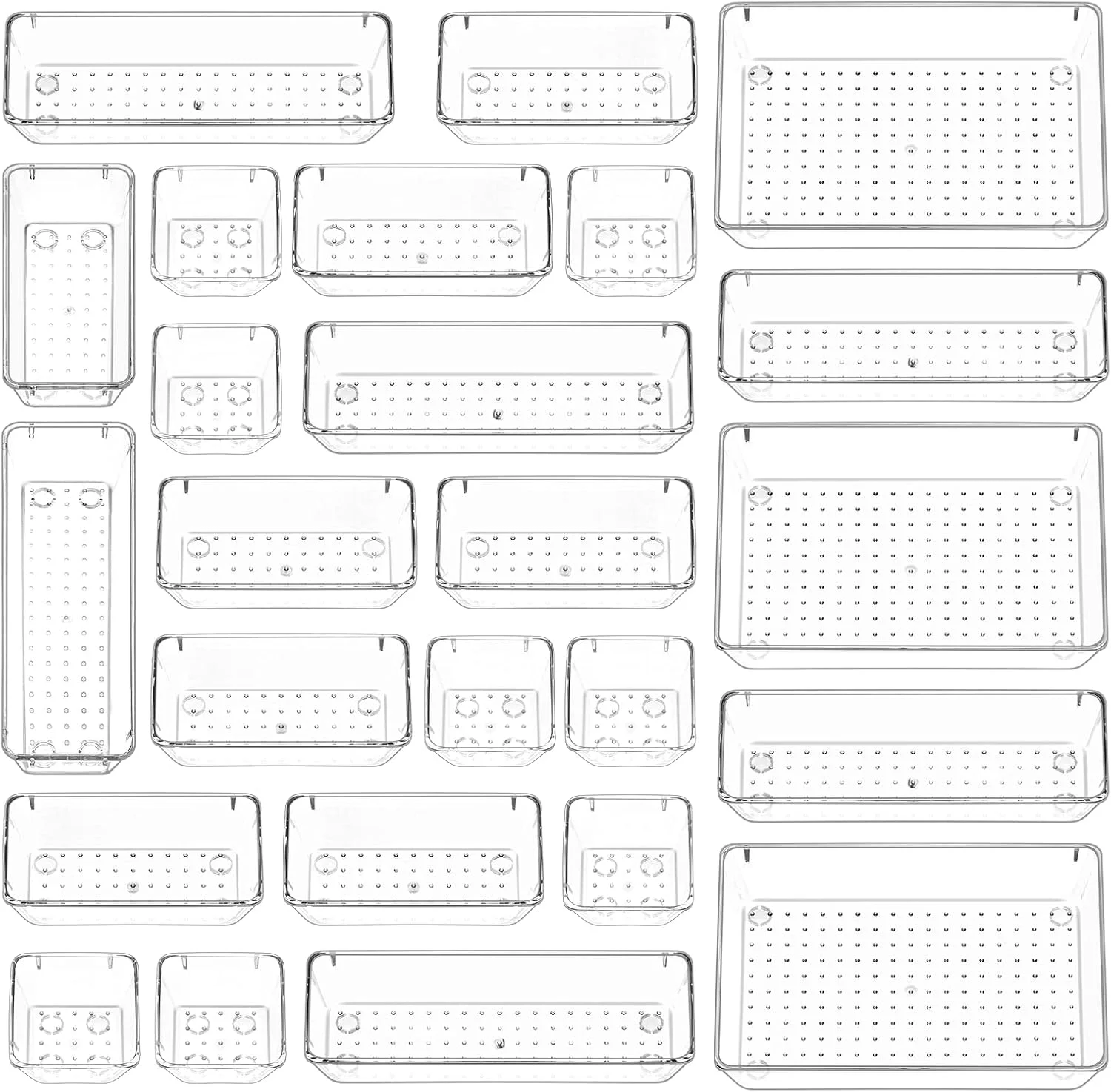 مجموعه 25 عددی سینی نظم دهنده کشو میز Puricon، ظروف ذخیره سازی پلاستیکی شفاف، تقسیم کننده های سینی کشو حمام، نظم دهنده سینی های روشویی برای اتاق خواب، کمد، لوازم آرایش، لوازم آشپزخانه، دفتر کار