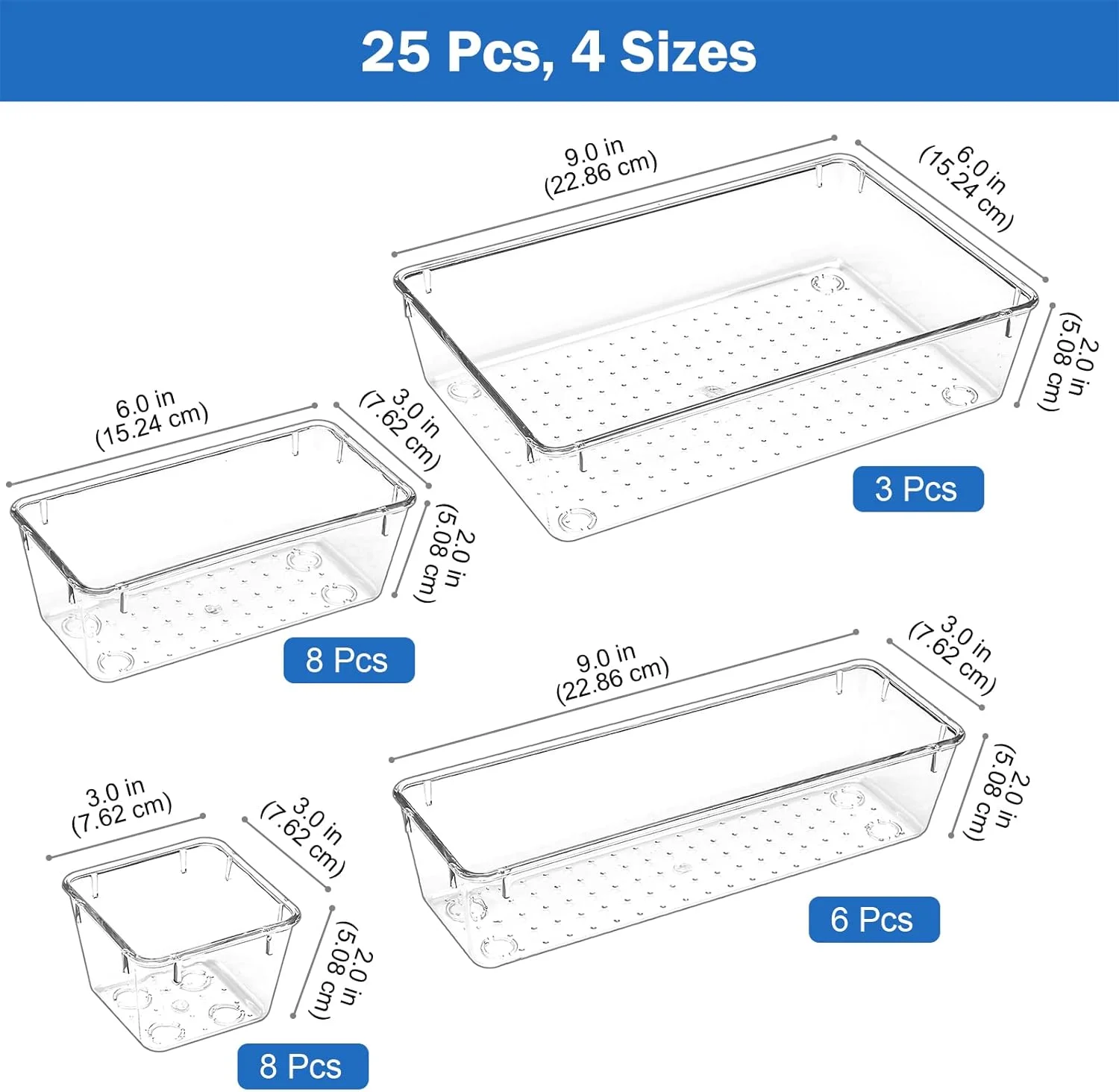 مجموعه 25 عددی سینی نظم دهنده کشو میز Puricon، ظروف ذخیره سازی پلاستیکی شفاف، تقسیم کننده های سینی کشو حمام، نظم دهنده سینی های روشویی برای اتاق خواب، کمد، لوازم آرایش، لوازم آشپزخانه، دفتر کار
