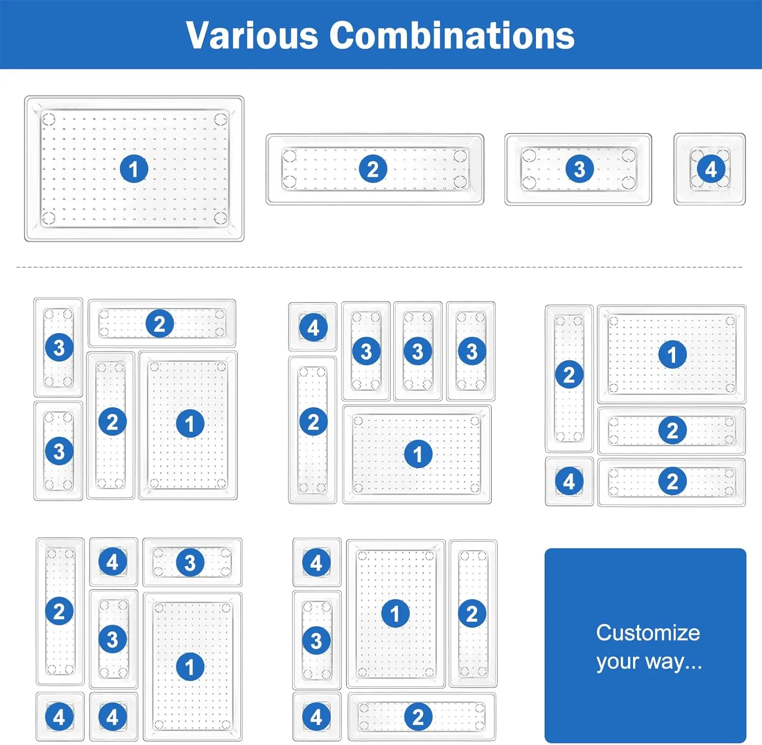 مجموعه 25 عددی سینی نظم دهنده کشو میز Puricon، ظروف ذخیره سازی پلاستیکی شفاف، تقسیم کننده های سینی کشو حمام، نظم دهنده سینی های روشویی برای اتاق خواب، کمد، لوازم آرایش، لوازم آشپزخانه، دفتر کار