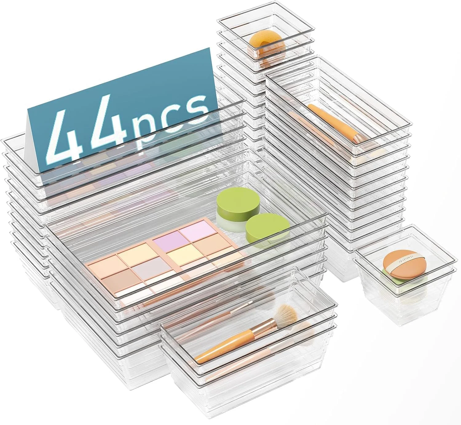 مجموعه ۴۴ عددی تقسیم کننده کشو پلاستیکی شفاف Premify، ۴ سایز مختلف، مناسب برای آشپزخانه، حمام، لوازم آرایش، یخچال، اتاق خواب، دفتر کار، لوازم التحریر و جواهرات