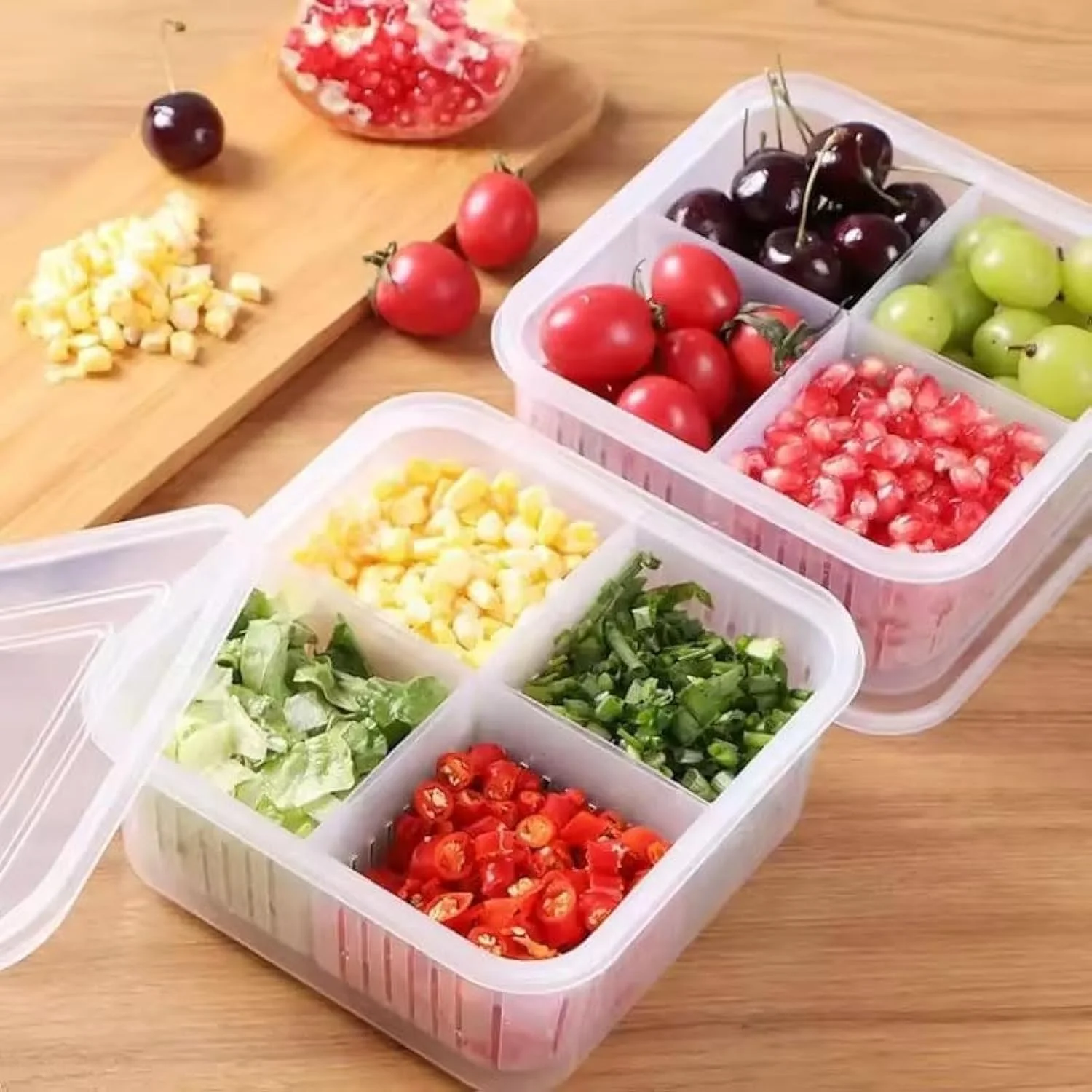 ست 2 عددی ارگانایزر یخچال Premify، ظروف نگهداری میوه و سبزیجات با درب و آبکش برای آشپزخانه | ظرف پلاستیکی بدون BPA، ست نگهدارنده تازه، 4 قسمت در هر جعبه