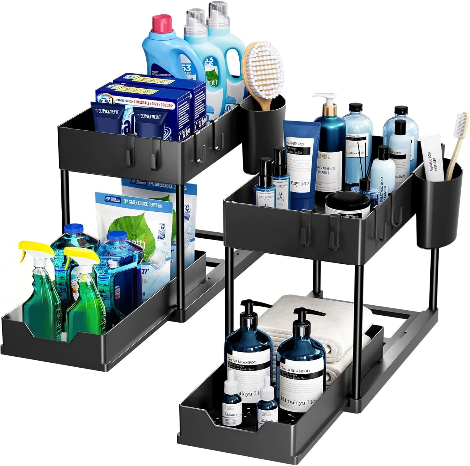 بسته 2 عددی ارگانایزر و محل نگهداری زیر سینک Puricon با کشوی کشویی بیرون‌کش، ارگانایزر چند منظوره 2 طبقه زیر سینک آشپزخانه، قفسه نگهداری زیر سینک حمام برای پیشخوان لباسشویی - مشکی