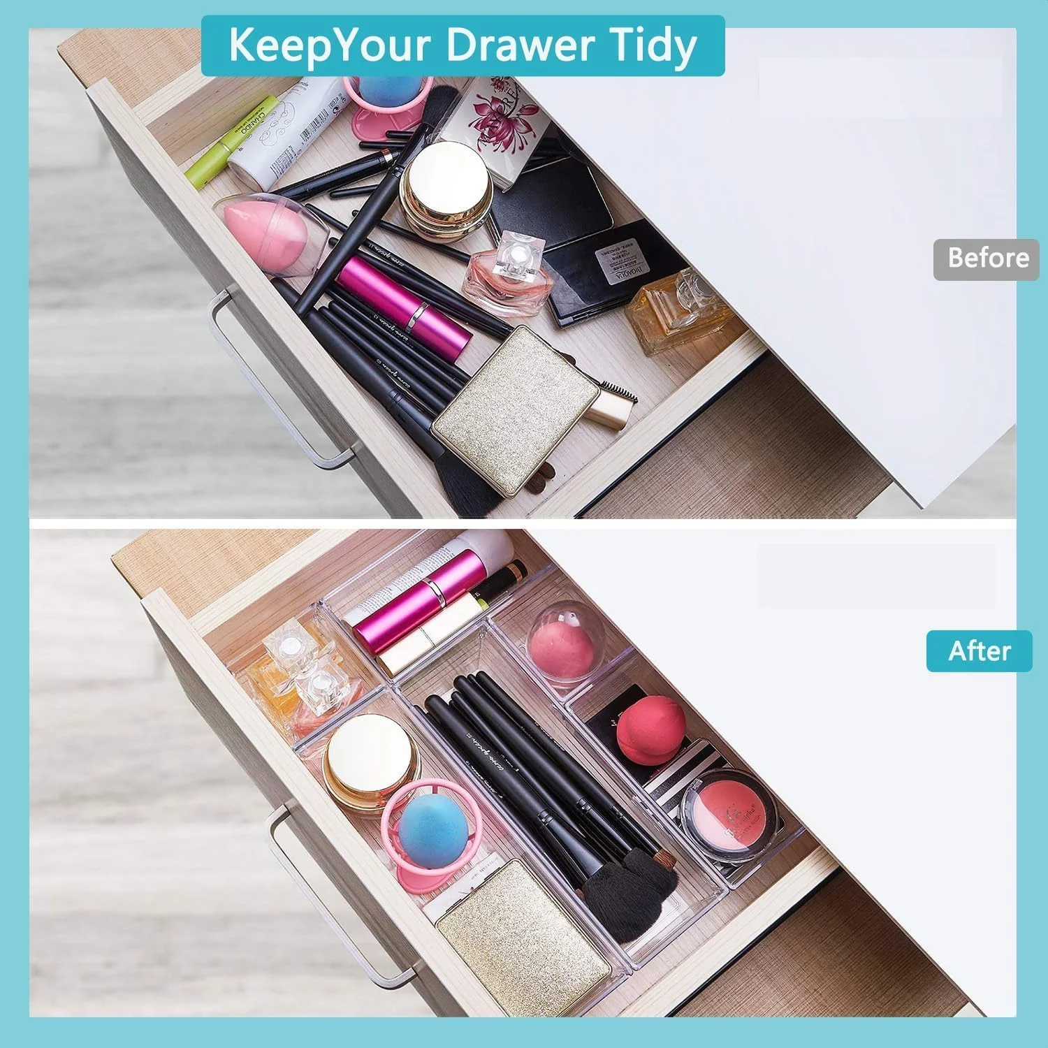 مجموعه ۴۴ عددی تقسیم کننده کشو پلاستیکی شفاف Premify، ۴ سایز مختلف، مناسب برای آشپزخانه، حمام، لوازم آرایش، یخچال، اتاق خواب، دفتر کار، لوازم التحریر و جواهرات