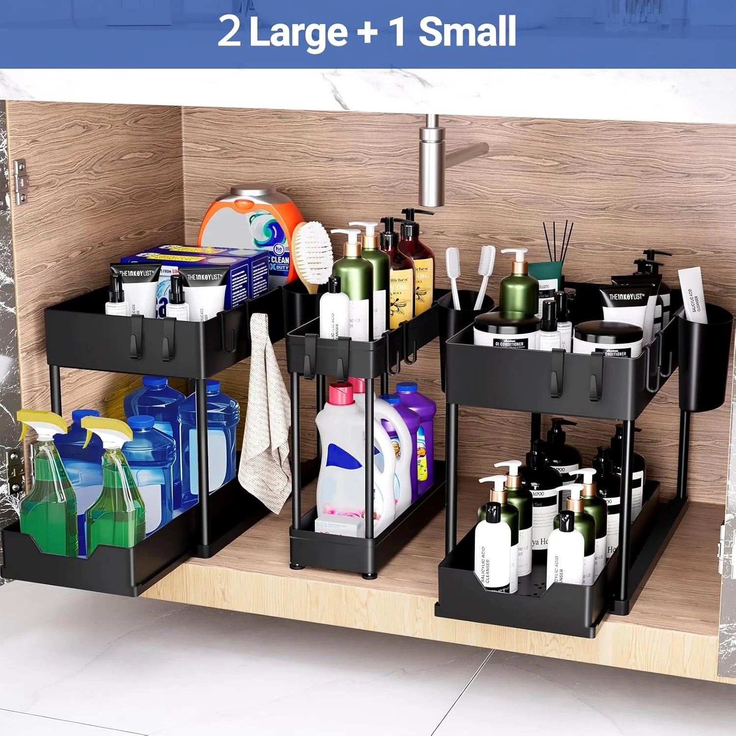 پکیج 3 عددی ارگانایزر زیر سینک Puricon، ارگانایزر کشویی چند منظوره 2 طبقه زیر سینک، قفسه زیر کابینت سینک آشپزخانه و حمام برای لوازم تمیز کننده - مشکی