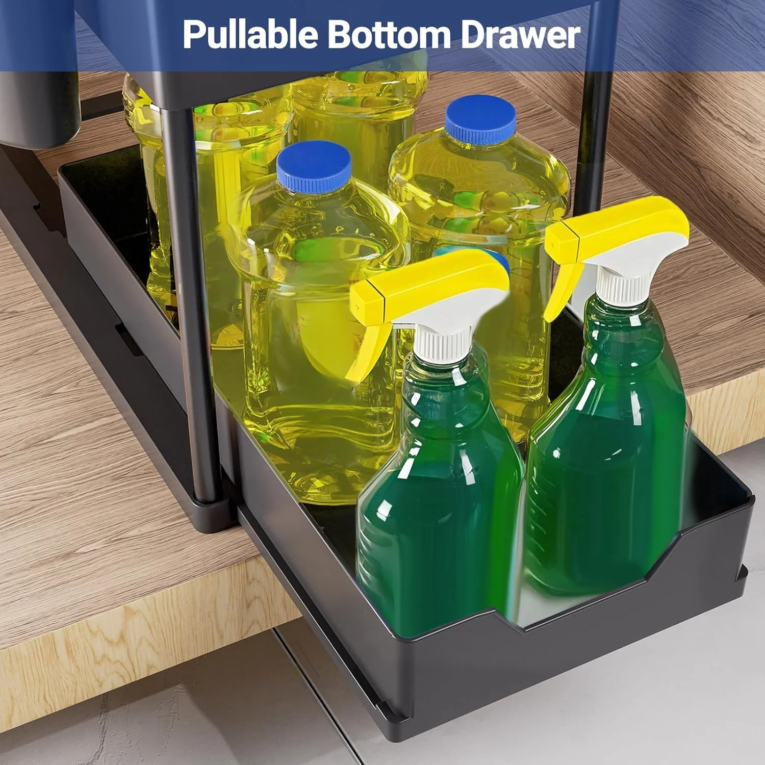 بسته 2 عددی ارگانایزر و محل نگهداری زیر سینک Puricon با کشوی کشویی بیرون‌کش، ارگانایزر چند منظوره 2 طبقه زیر سینک آشپزخانه، قفسه نگهداری زیر سینک حمام برای پیشخوان لباسشویی - مشکی