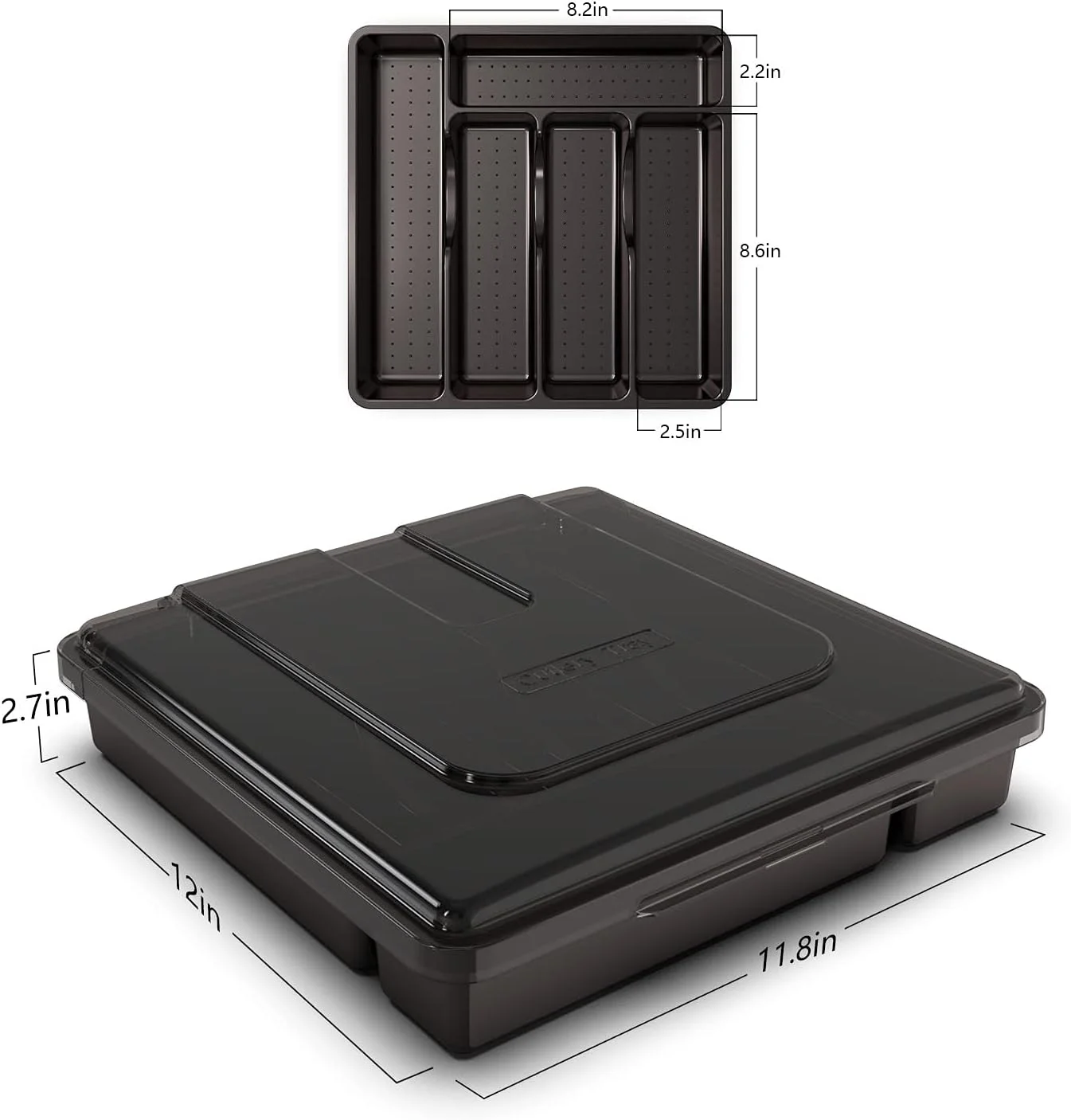 سینی نقره ای QINOL با درب، سازمان دهنده کشو لوازم آشپزخانه، سازمان دهنده و نگهدارنده پلاستیکی کارد و چنگال با 5 محفظه، مشکی