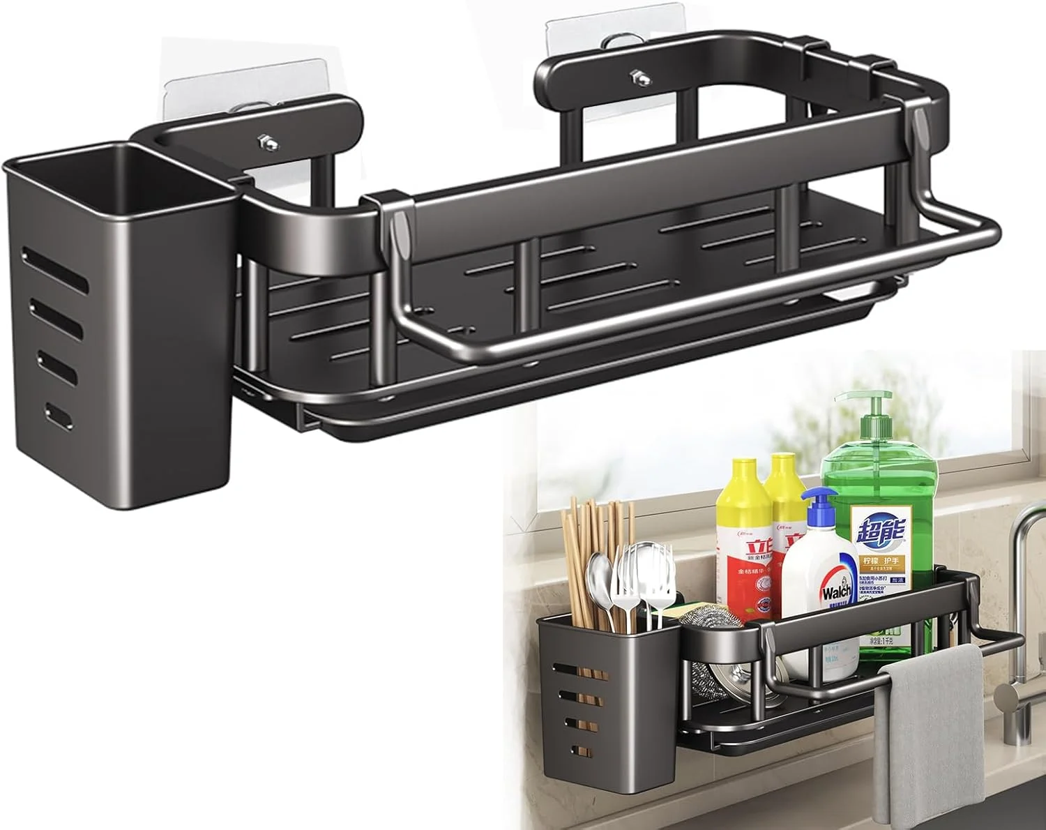 قفسه ذخیره سازی زیر سینک، سازمان دهنده سینک آشپزخانه بدون نیاز به سوراخکاری با میله حوله و قلاب، قفسه ذخیره سازی زیر سینک دیواری با سینی تخلیه قابل جابجایی، صرفه جویی در فضای آشپزخانه و حمام