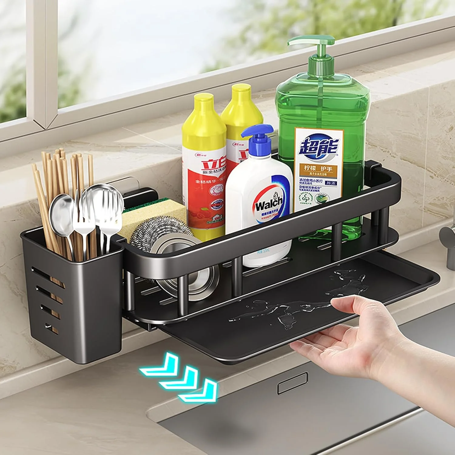 قفسه ذخیره سازی زیر سینک، سازمان دهنده سینک آشپزخانه بدون نیاز به سوراخکاری با میله حوله و قلاب، قفسه ذخیره سازی زیر سینک دیواری با سینی تخلیه قابل جابجایی، صرفه جویی در فضای آشپزخانه و حمام