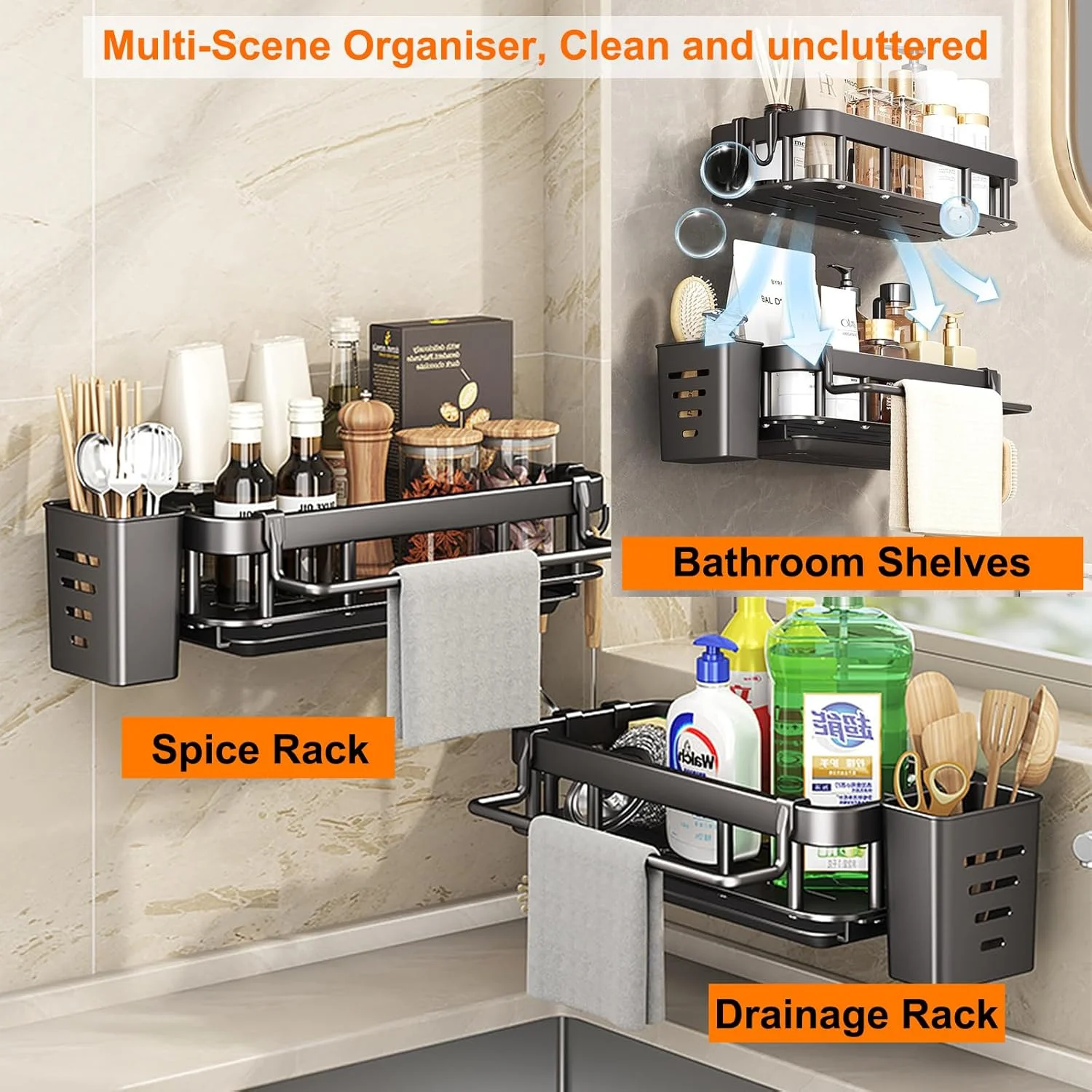 قفسه ذخیره سازی زیر سینک، سازمان دهنده سینک آشپزخانه بدون نیاز به سوراخکاری با میله حوله و قلاب، قفسه ذخیره سازی زیر سینک دیواری با سینی تخلیه قابل جابجایی، صرفه جویی در فضای آشپزخانه و حمام