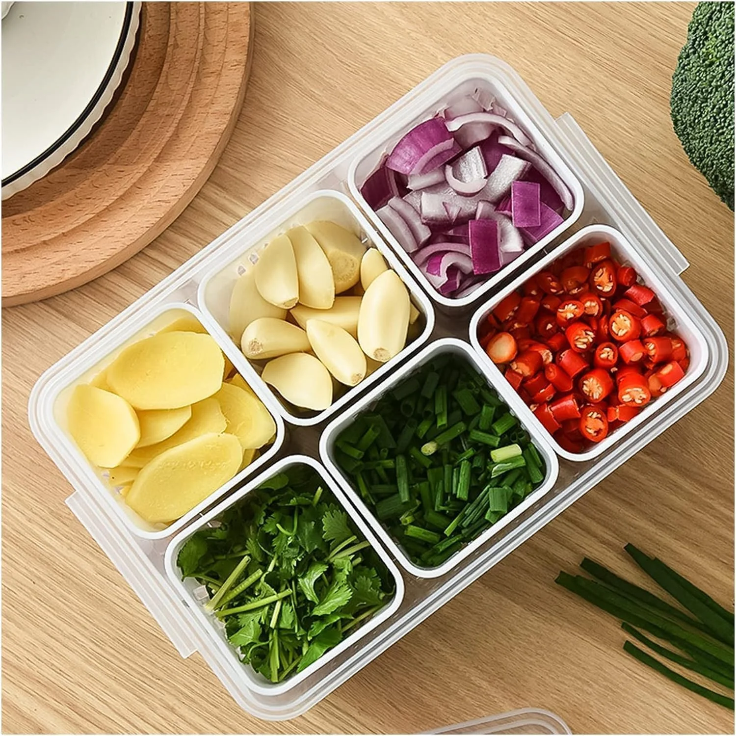 پرمیفی ست 2 عددی ارگانایزر یخچال، ظروف نگهداری میوه و سبزیجات با درب و آبکش برای آشپزخانه | ست نگهدارنده تازه پلاستیکی بدون BPA | برای کاهو سالاد 6 محفظه در هر جعبه