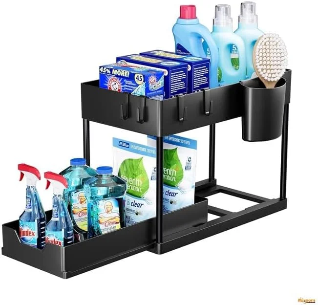 ارگانایزر زیر سینک Raxoom، یک عدد │ قفسه ذخیره سازی 2 طبقه چند منظوره برای آشپزخانه و حمام │ قفسه کشویی صرفه جویی در فضا با پایه ضد لغزش و 4 قلاب │ طراحی جمع و جور برای لباسشویی و محل کار 【مشکی】