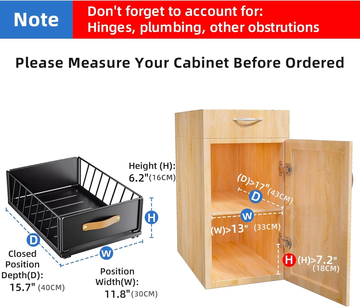 ارگانایزر کابینت کشویی ثابت با نانو فیلم چسبی، قفسه های کشویی سنگین برای انبار، سبد توری کشویی کابینت با دستگیره برای آشپزخانه، حمام، خانه، 15.7"X11.8"X6.2"