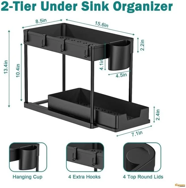 ارگانایزر زیر سینک Raxoom، یک عدد │ قفسه ذخیره سازی 2 طبقه چند منظوره برای آشپزخانه و حمام │ قفسه کشویی صرفه جویی در فضا با پایه ضد لغزش و 4 قلاب │ طراحی جمع و جور برای لباسشویی و محل کار 【مشکی】