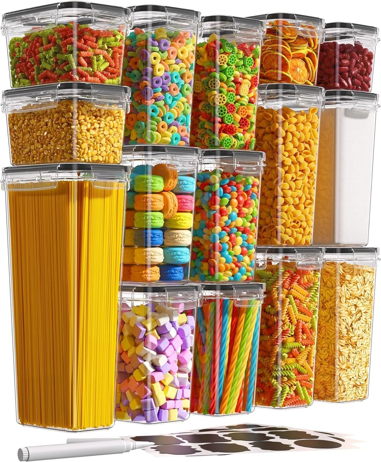 ست 15 تایی ظروف نگهداری مواد غذایی Premify با درب های محکم، ظروف پلاستیکی بدون BPA برای غلات، آرد، شکر، سازماندهی و نگهداری مواد غذایی در آشپزخانه (مشکی)