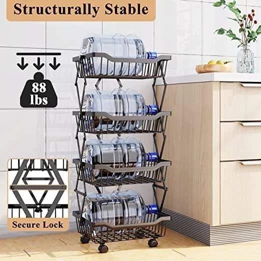 سبد ذخیره سازی چند لایه میوه و سبزیجات PLATU، سبد چرخدار چند منظوره، قفسه سبد ذخیره سازی فلزی قابل انباشت با چرخ برای انبار، حمام (4 طبقه، مشکی)