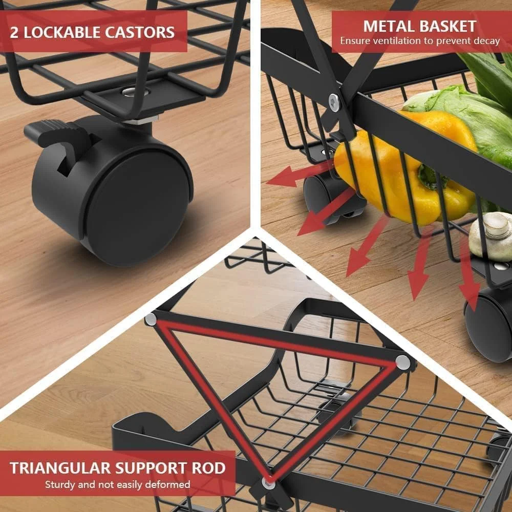 سبد ذخیره سازی چند لایه میوه و سبزیجات PLATU، سبد چرخدار چند منظوره، قفسه سبد ذخیره سازی فلزی قابل انباشت با چرخ برای انبار، حمام (4 طبقه، مشکی)