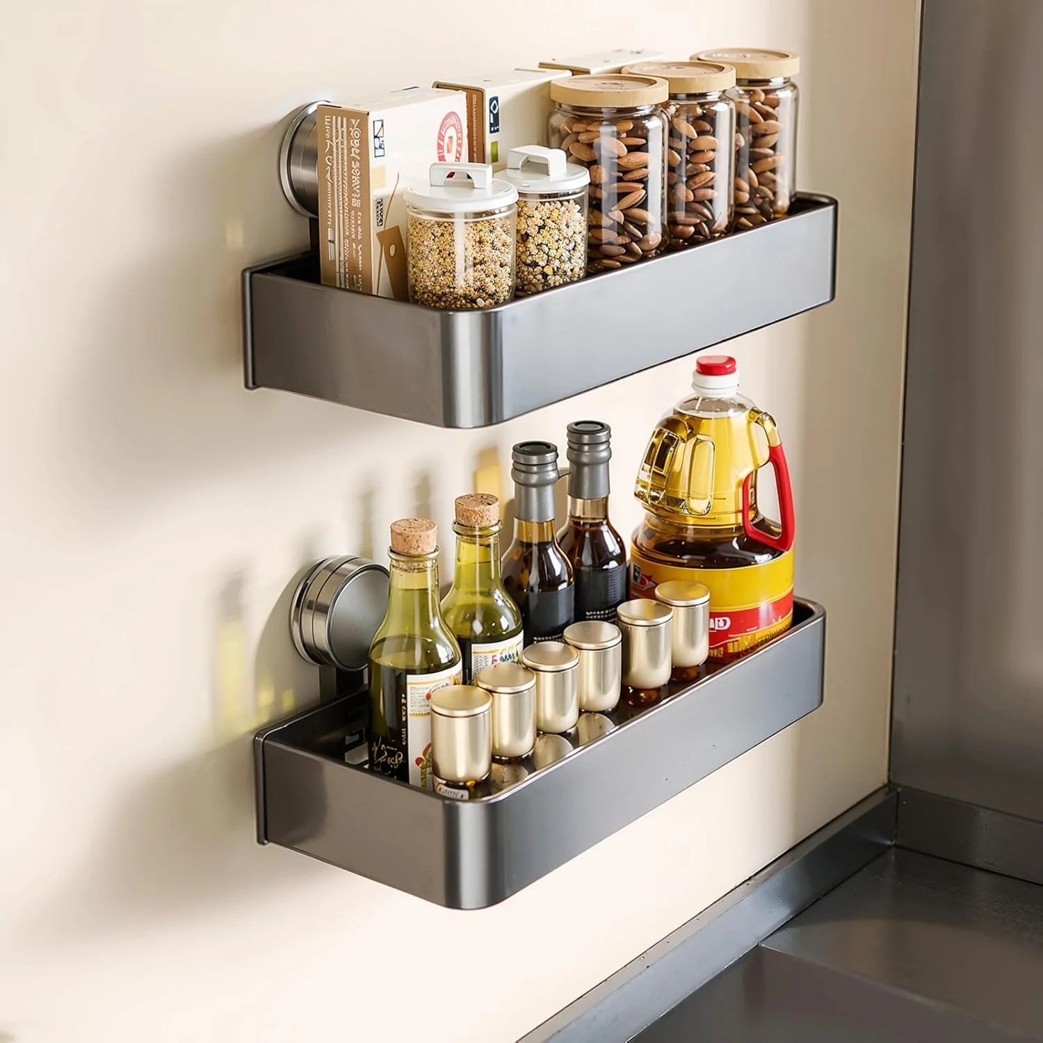 بسته 2 عددی قفسه ادویه با مکنده [30 سانتیمتر] - سازمان دهنده متحرک بدون نیاز به سوراخکاری برای آشپزخانه، یخچال، دیوار، اجاق گاز، کابینت - قفسه نگهداری آلومینیومی مقاوم در برابر زنگ زدگی