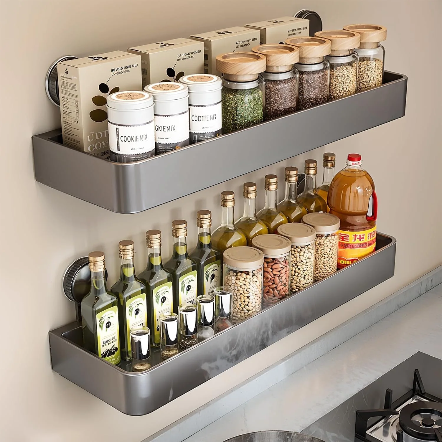 بسته 2 عددی قفسه ادویه با مکنده [30 سانتیمتر] - سازمان دهنده متحرک بدون نیاز به سوراخکاری برای آشپزخانه، یخچال، دیوار، اجاق گاز، کابینت - قفسه نگهداری آلومینیومی مقاوم در برابر زنگ زدگی
