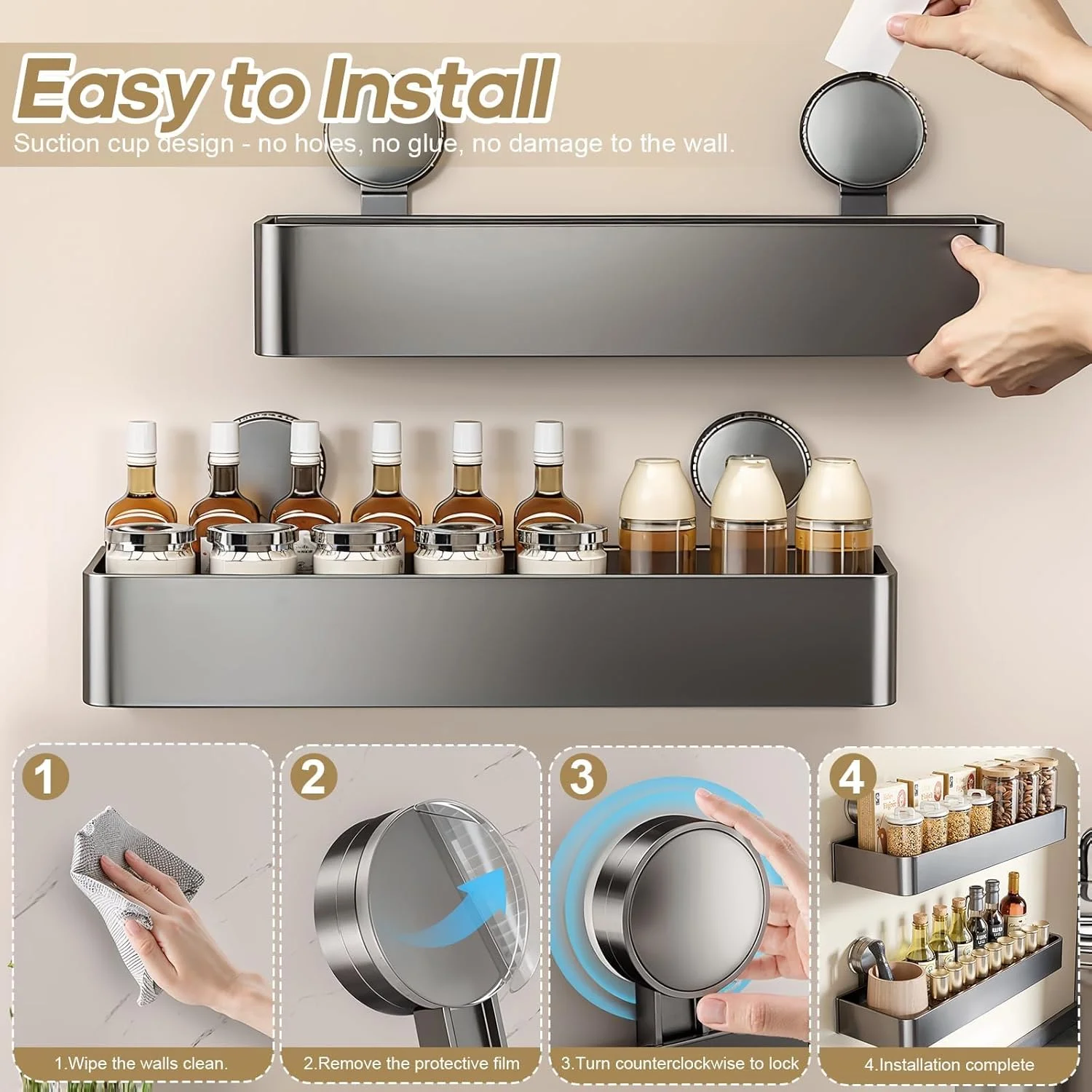 بسته 2 عددی قفسه ادویه با مکنده [30 سانتیمتر] - سازمان دهنده متحرک بدون نیاز به سوراخکاری برای آشپزخانه، یخچال، دیوار، اجاق گاز، کابینت - قفسه نگهداری آلومینیومی مقاوم در برابر زنگ زدگی