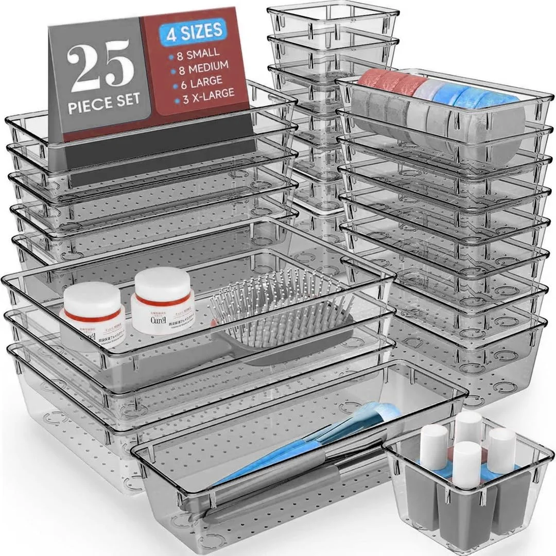 ست 25 عددی سینی نظم دهنده کشو پلاستیکی - سطل های ذخیره سازی شفاف قهوه ای برای لوازم آرایش، ظروف آشپزخانه، جواهرات، ابزار و لوازم اداری