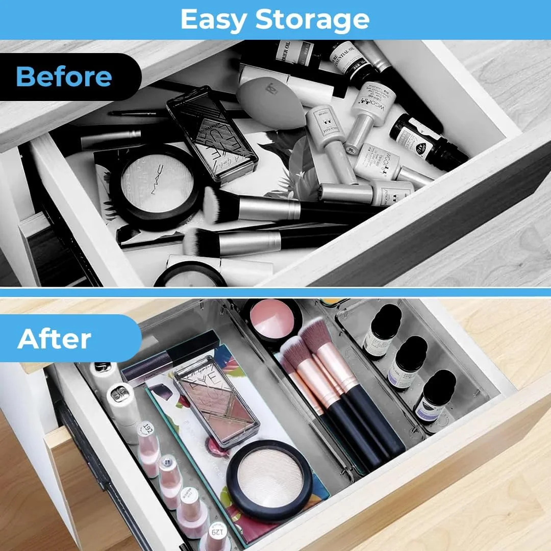 ست 25 عددی سینی نظم دهنده کشو پلاستیکی - سطل های ذخیره سازی شفاف قهوه ای برای لوازم آرایش، ظروف آشپزخانه، جواهرات، ابزار و لوازم اداری