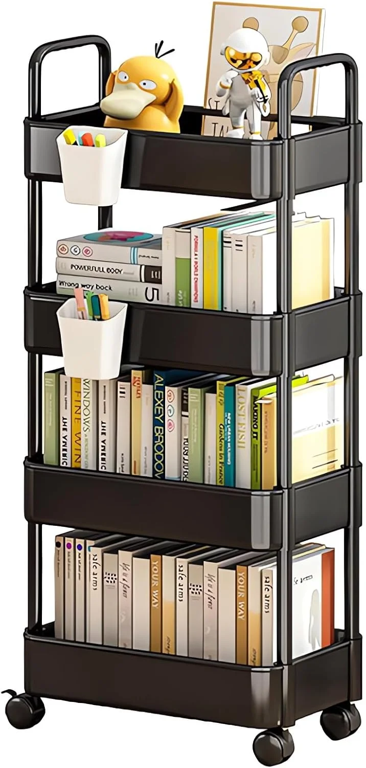 ترولی پلاستیکی 4 طبقه OYDAS با دسته، ترولی چند منظوره برای نگهداری وسایل اداری، اتاق نشیمن، آشپزخانه، حمام، سازمان دهنده متحرک با چرخ و قلاب (مشکی - 4 طبقه)