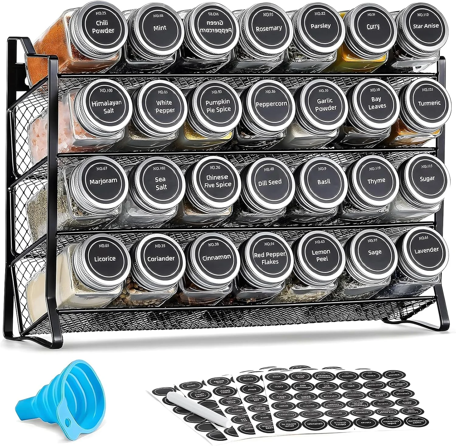 قفسه ادویه اووتمی، قفسه ادویه فولادی 4 طبقه با 28 شیشه ادویه، قفسه ادویه آشپزخانه قابل چیدن با برچسب برای شیشه ادویه 120 میلی لیتری، محل نگهداری ادویه برای کابینت آشپزخانه یا روی میز