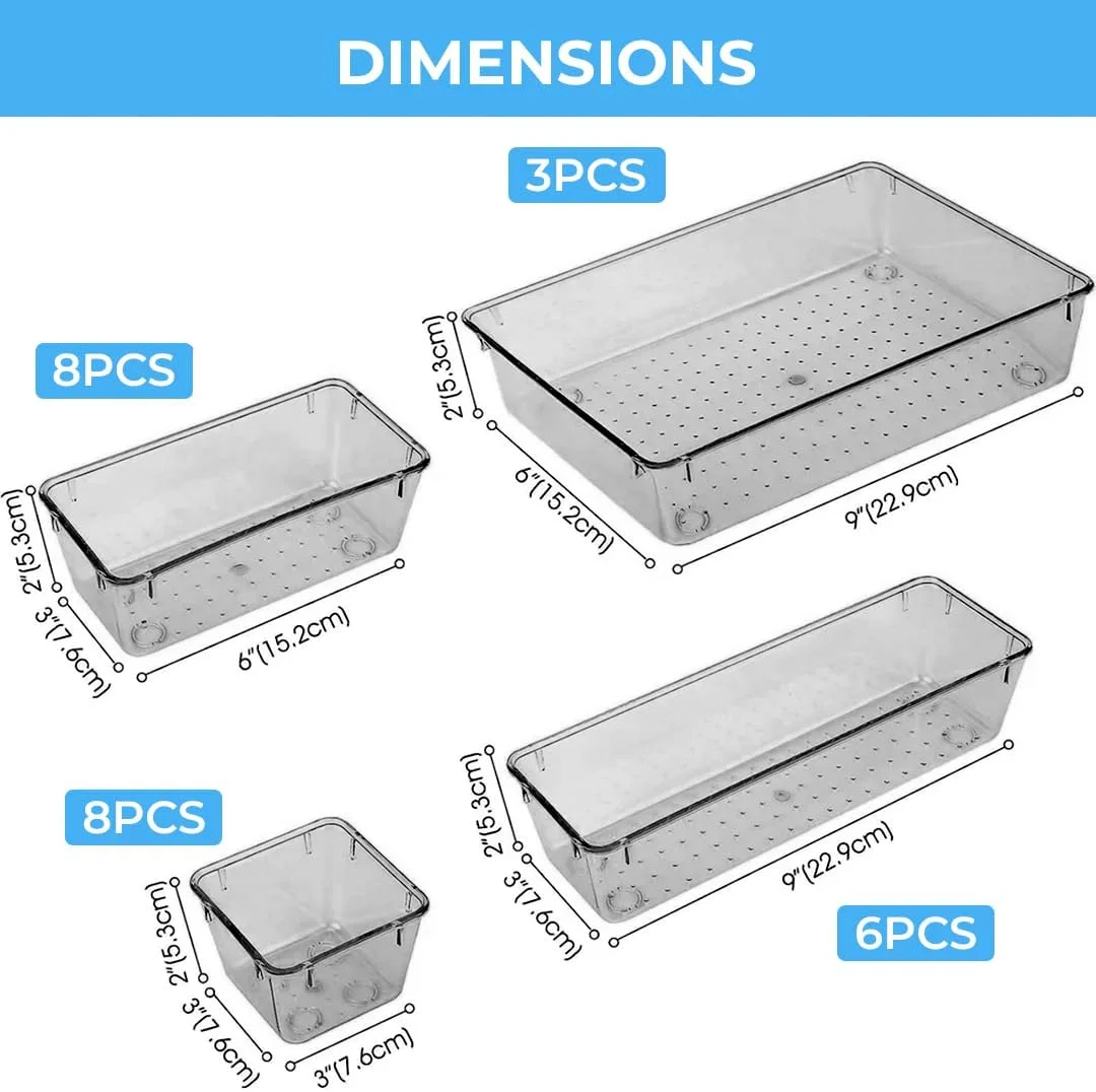 ست 25 عددی سینی نظم دهنده کشو پلاستیکی - سطل های ذخیره سازی شفاف قهوه ای برای لوازم آرایش، ظروف آشپزخانه، جواهرات، ابزار و لوازم اداری