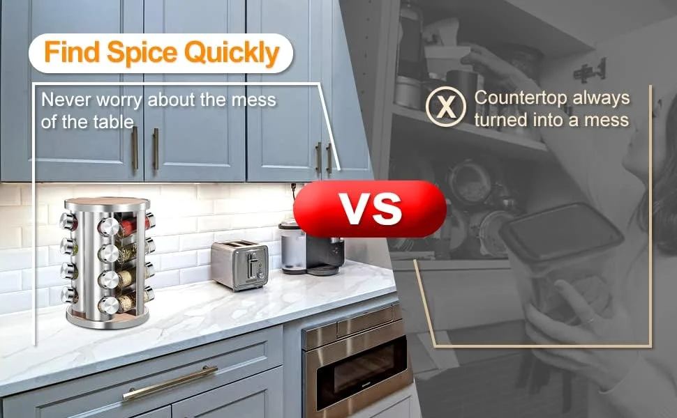 جا ادویه چرخشی PESCADOR، قفسه نگهدارنده ادویه برای سازماندهی کابینت آشپزخانه، استند جای ادویه برای چاشنی و گیاهان خشک - قفسه ادویه برای کابینت نگهداری آشپزخانه - سازمان دهنده آشپزخانه (کاروسل 16 شیشه)