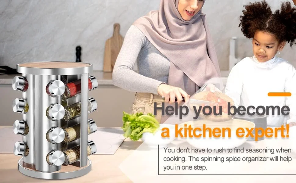 جا ادویه چرخشی PESCADOR، قفسه نگهدارنده ادویه برای سازماندهی کابینت آشپزخانه، استند جای ادویه برای چاشنی و گیاهان خشک - قفسه ادویه برای کابینت نگهداری آشپزخانه - سازمان دهنده آشپزخانه (کاروسل 16 شیشه)