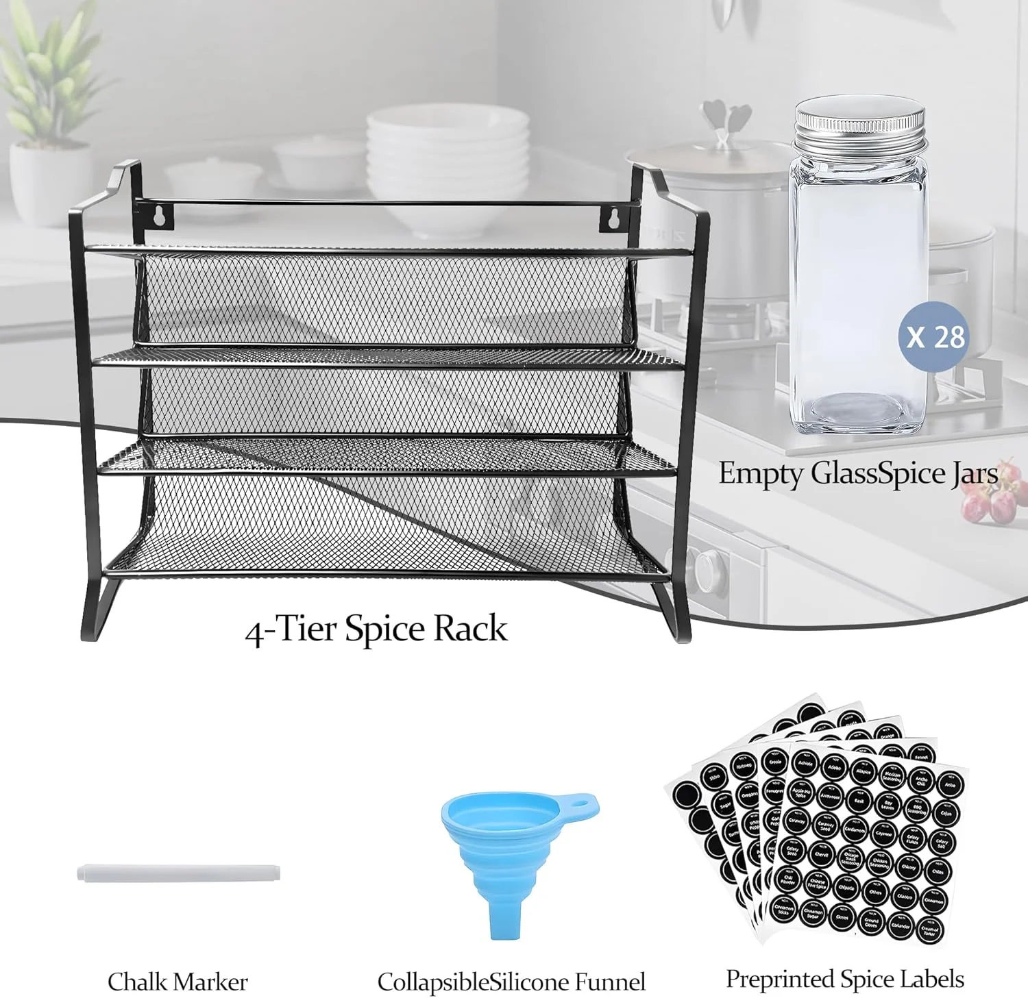 قفسه ادویه اووتمی، قفسه ادویه فولادی 4 طبقه با 28 شیشه ادویه، قفسه ادویه آشپزخانه قابل چیدن با برچسب برای شیشه ادویه 120 میلی لیتری، محل نگهداری ادویه برای کابینت آشپزخانه یا روی میز