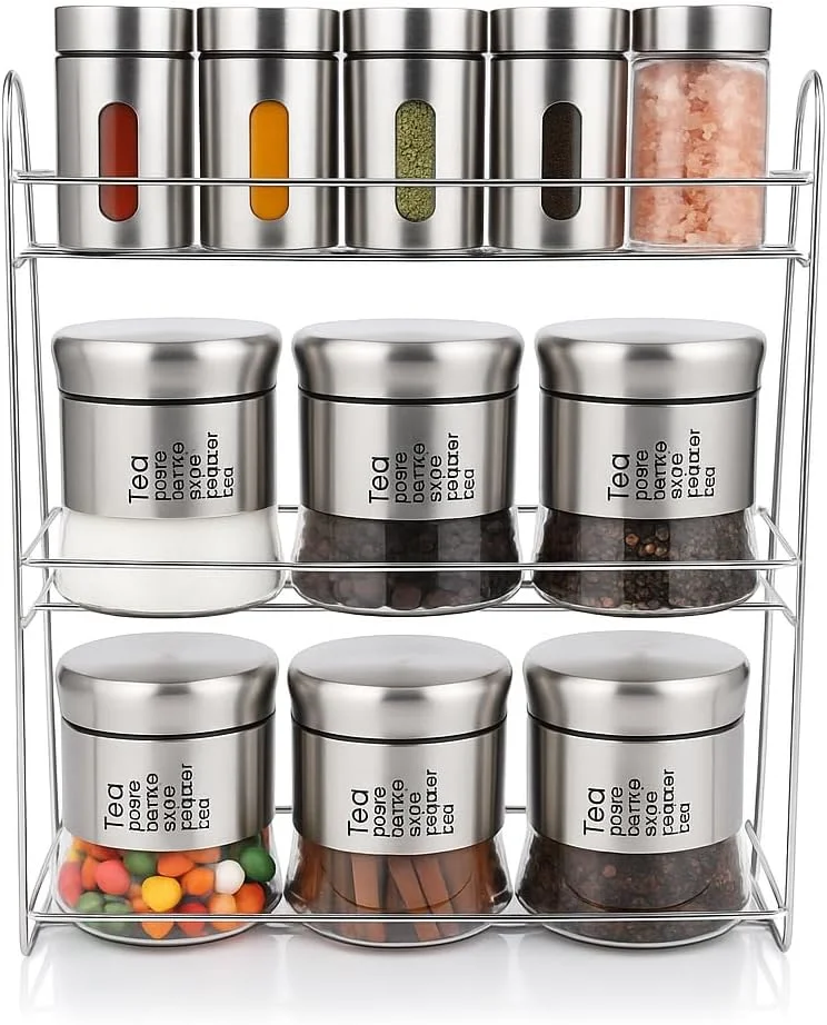 ست جا ادویه ای آشپزخانه 3M ART | شامل 9 محفظه استیل ضد زنگ با درب های شفاف | قفسه سه طبقه برای نگهداری ادویه جات، چای، قهوه، شکر با ابعاد 30x10x36 سانتی متر - نقره ای