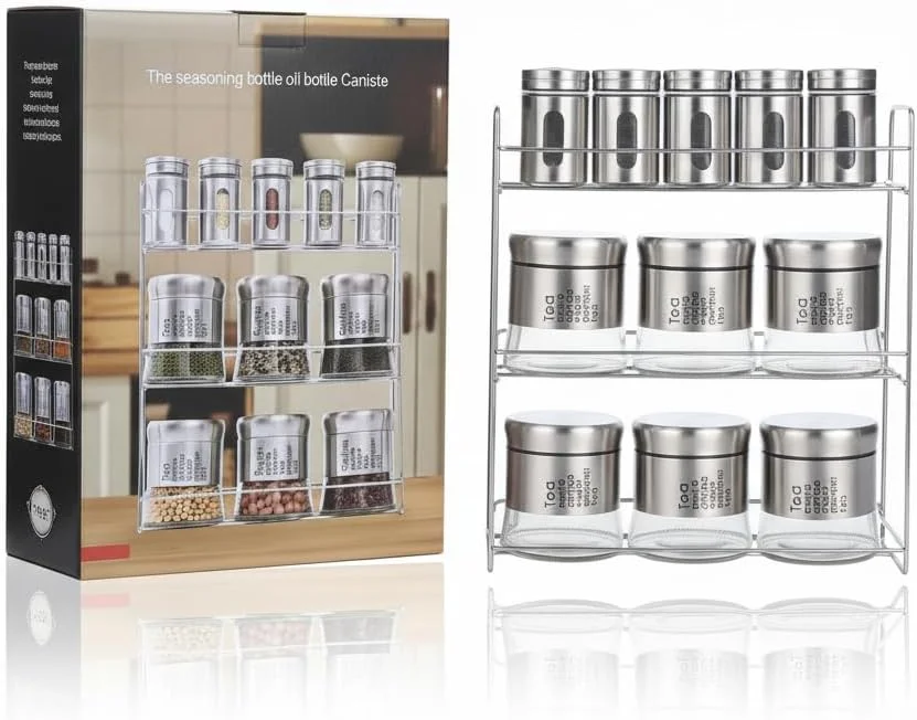 ست جا ادویه ای آشپزخانه 3M ART | شامل 9 محفظه استیل ضد زنگ با درب های شفاف | قفسه سه طبقه برای نگهداری ادویه جات، چای، قهوه، شکر با ابعاد 30x10x36 سانتی متر - نقره ای