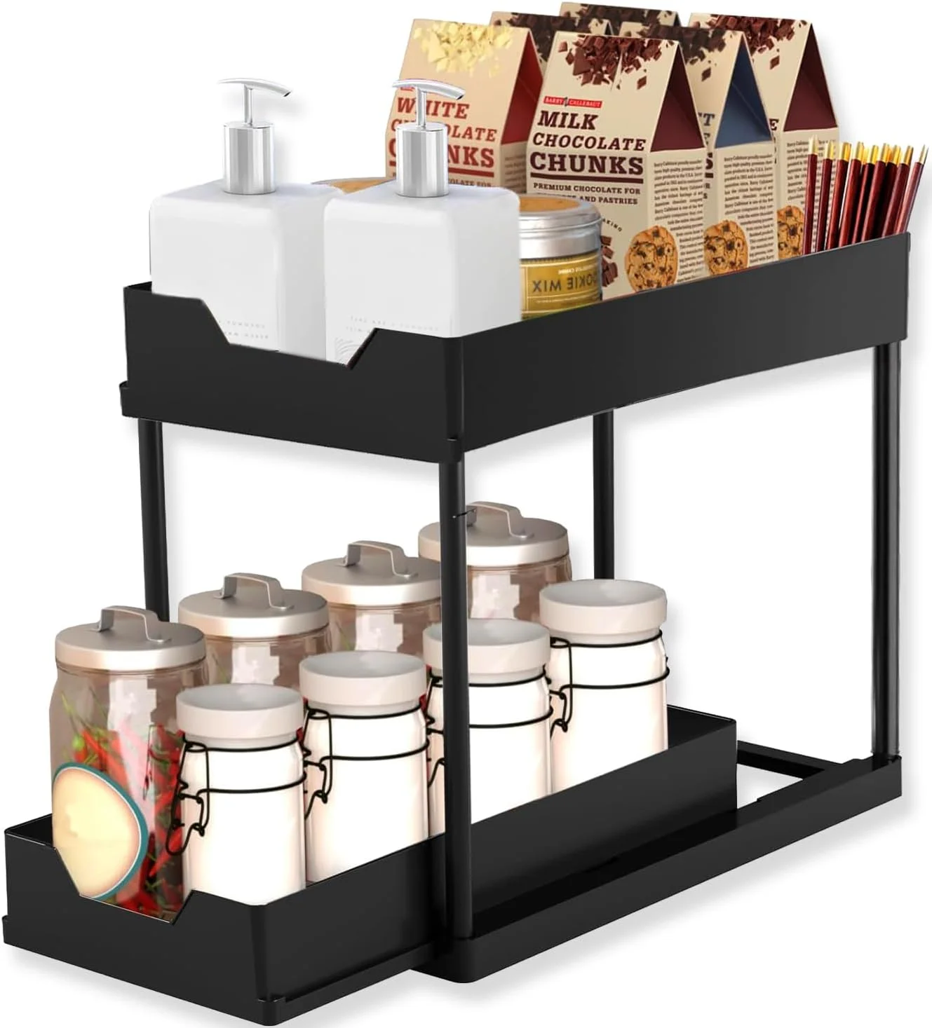 سازمان‌دهنده‌ها و محل نگهداری زیر سینک ECASA™، قفسه‌های کشویی زیر سینک با ظرفیت بالا و تحمل وزن سنگین، قفسه چند منظوره برای آشپزخانه و حمام - مشکی