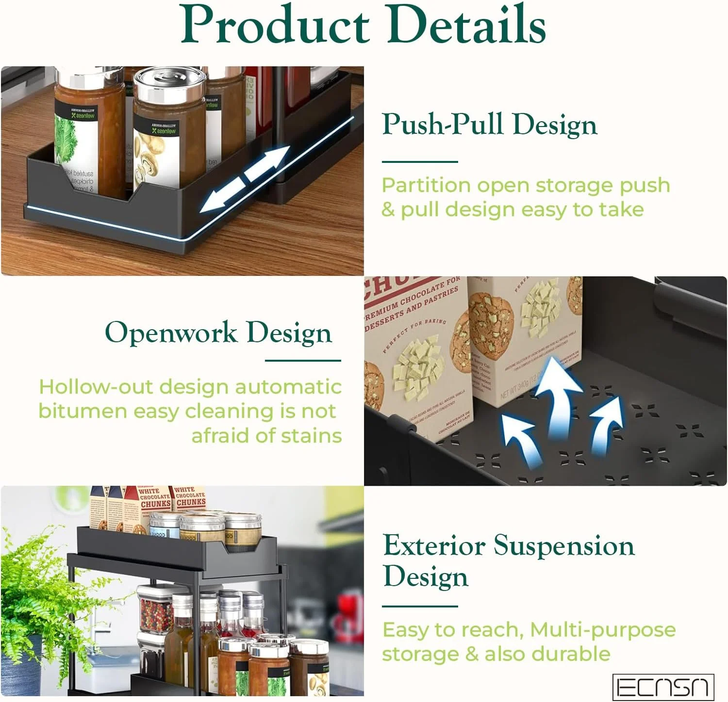 سازمان‌دهنده‌ها و محل نگهداری زیر سینک ECASA™، قفسه‌های کشویی زیر سینک با ظرفیت بالا و تحمل وزن سنگین، قفسه چند منظوره برای آشپزخانه و حمام - مشکی