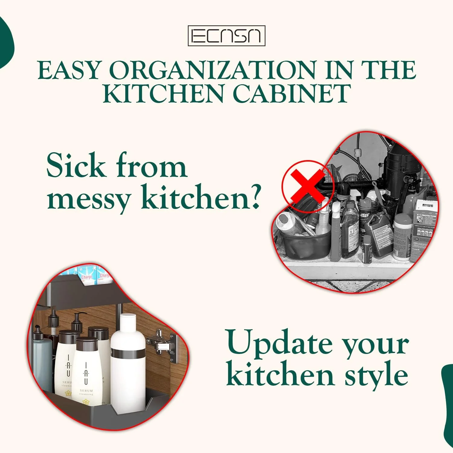 سازمان‌دهنده‌ها و محل نگهداری زیر سینک ECASA™، قفسه‌های کشویی زیر سینک با ظرفیت بالا و تحمل وزن سنگین، قفسه چند منظوره برای آشپزخانه و حمام - مشکی